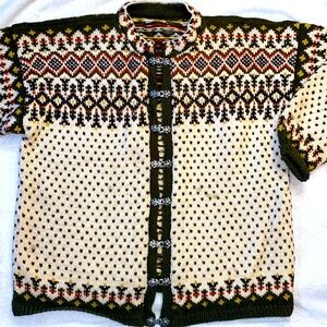 Vintage wool hand knit Norwegian Scandinavian cardigan sweater Sz L unisex
